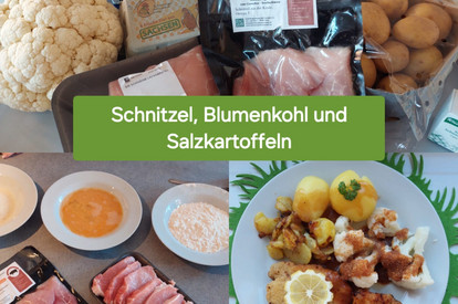 Schnitzel, Blumenkohl und Salzkartoffeln