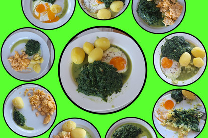 Spinat mit Kartoffeln und Spiegelei und Quarkbällchen